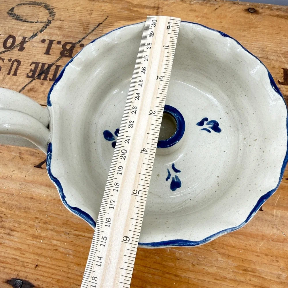 Williamsburg Pottery Chamberstick Candle Holder Cream Blue Floral Stoneware